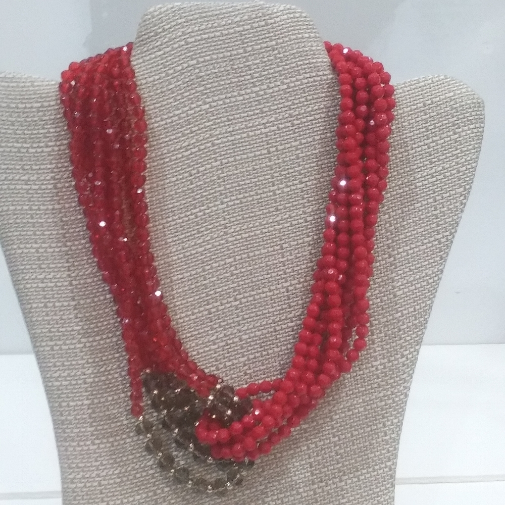 Multi-strand Red Beaded Necklace, 16"